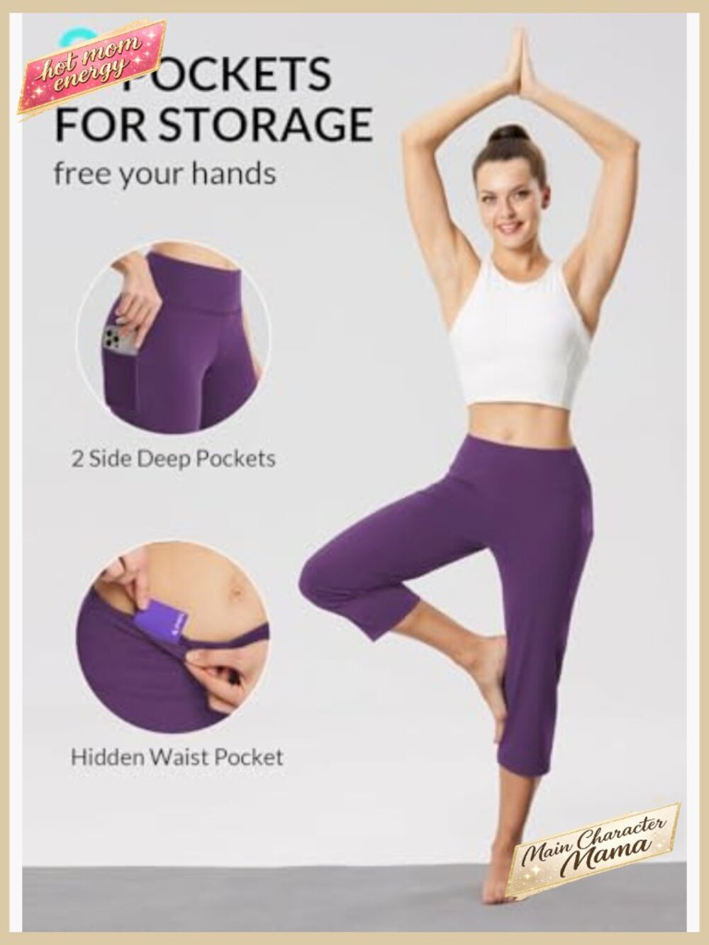 High Rise Wide Leg Yoga Capri Pants with Pockets Straight Loose Fit Tummy - Picture 5 of 7